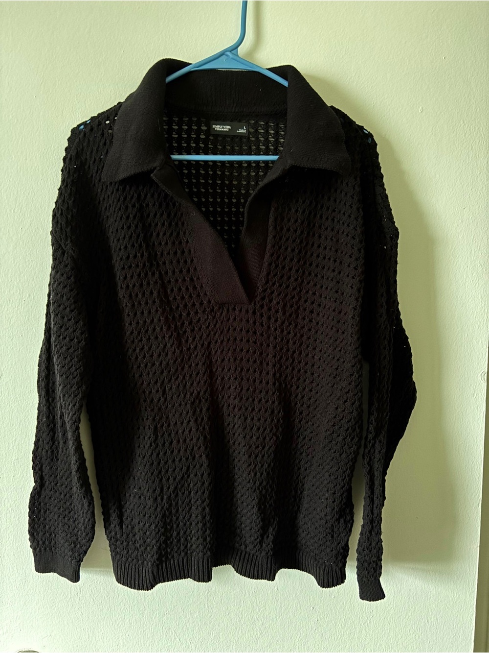Simply Vera Vera Wang Black Open-Knit Collared Pullover